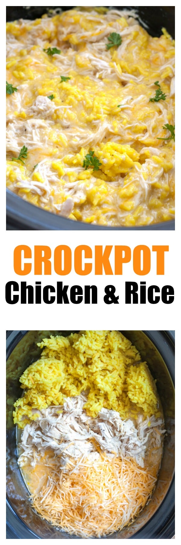 Easy Crockpot Chicken and Rice makes the perfect week night meal that everyone will love! #chicken #crockpot #slowcooker #chickenandrice #crockpotchickenandrice