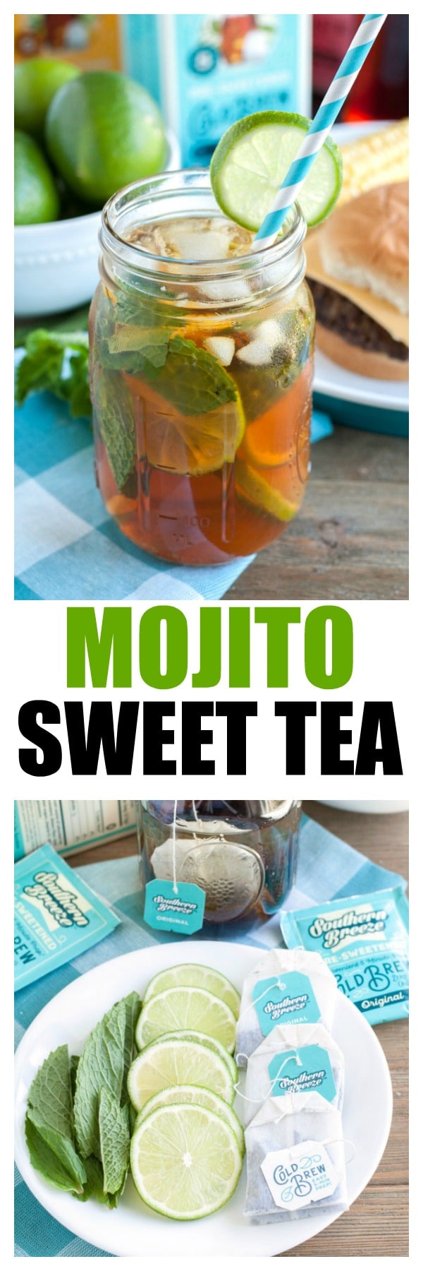 Mojito sweet tea is a refreshing, low calorie drink to serve your guests. A tasty twist on iced tea with lime and mint that will have you asking for a refill. #ad #sweettea #tea #mojito #icedtea #summerdrink @sbreezetea