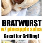Bratwurst in hotdog bun topped with diced pineapple.