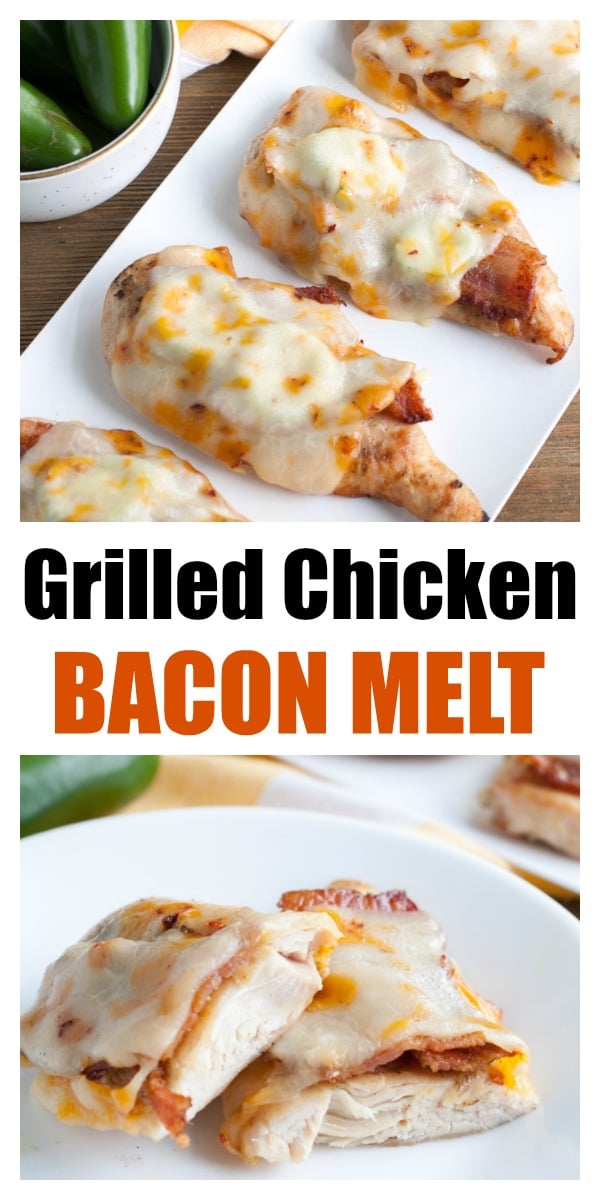 This Grilled Chicken Bacon Melt is ultimate meal for a summer BBQ. Grilled chicken topped with bacon strips, jalapenos and creamy, melted Southwest cheese! #ad #realcheesepeople @SargentoCheese #grilledchicken #chickenmelt