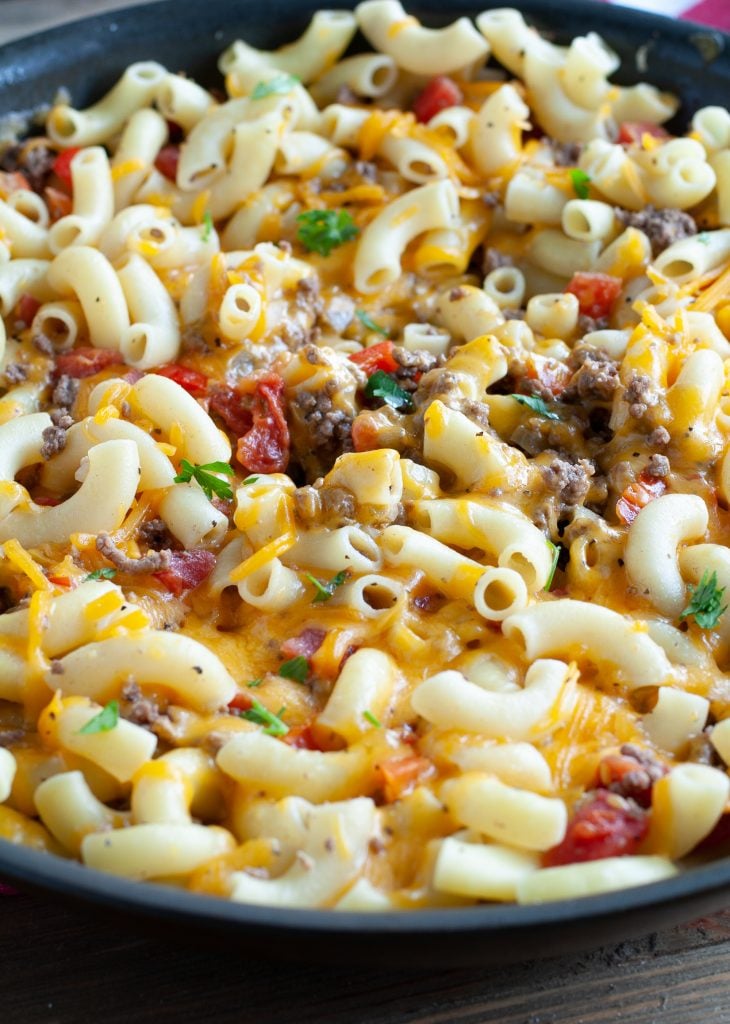 Finished ground beef casserole with elbow pasta, hamburger and cheese