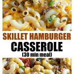 Skillet with macaroni noodles, ground beef and melted cheese.