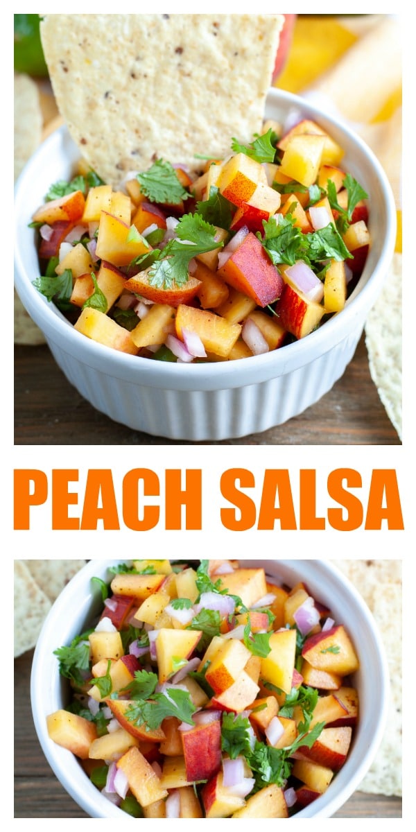 Peach Salsa is an easy appetizer with chips or topping for chicken, fish or pork. These fresh flavors are great for summer! #peach #peachsalsa #appetizer #summerfood #salsa