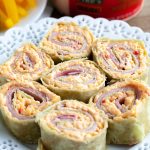 Plate with ham and cheese roll ups.