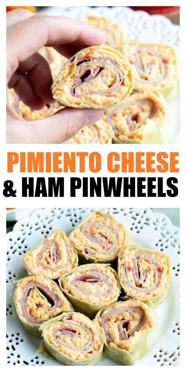 Pimiento cheese and ham pinwheels are simple to make only using 3 ingredients, ham, quality pimiento cheese and tortilla. Sliced into rounds, these pinwheels are perfect for a party snack or appetizer. #ad #pricestradition #pinwheels #rollups #hamandcheese #pimientocheese #appetizers #partyfood