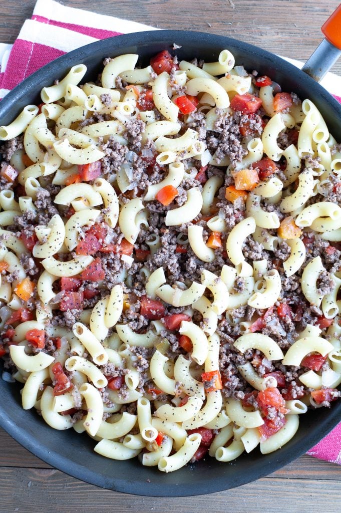 ground beef casserole in a skillet