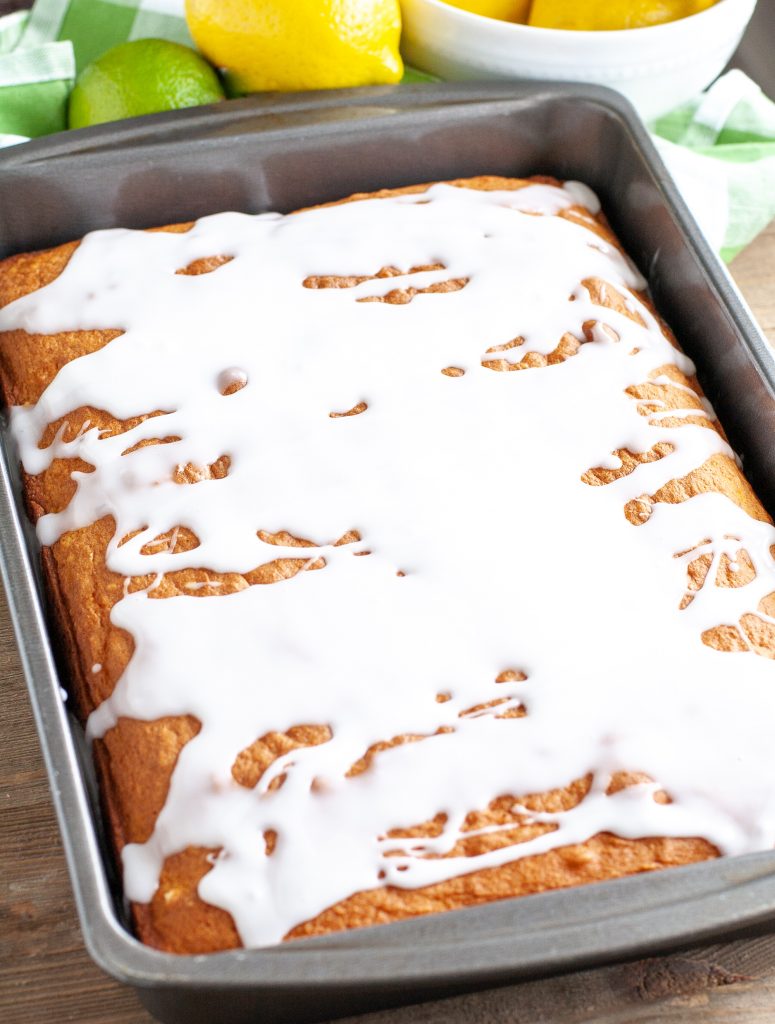 Cake with glaze in a brownie pan