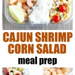 Container with shrimp, rice and corn salsa.