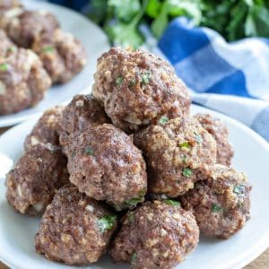 Plate with a stack of meatballs.