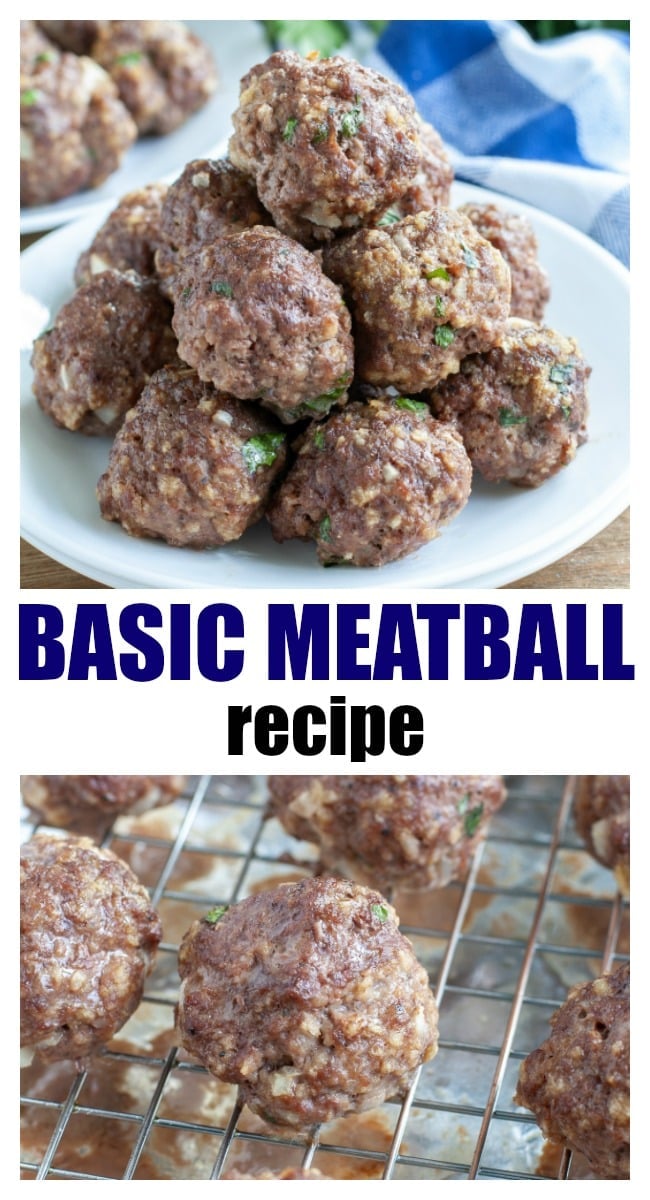 This basic meatball recipe can be used for countless recipes. Made with ground beef, Panko bread crumbs, a little onion and baked in the oven. They can also be frozen for later. #meatballs #basicmeatballs #groundbeef #easydinner #mealplanning