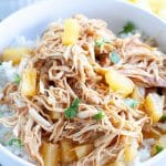 Bowl of rice with shredded chicken and diced pineapple.