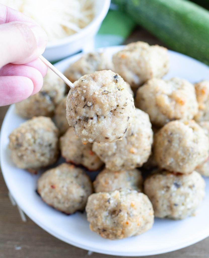 Parmesan Pesto Chicken Meatball on a toothpick