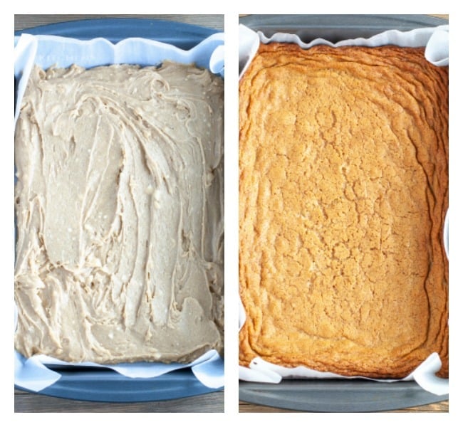 Brown pan with butterscotch brownie dough and then pan with baked butterscotch brownies. 