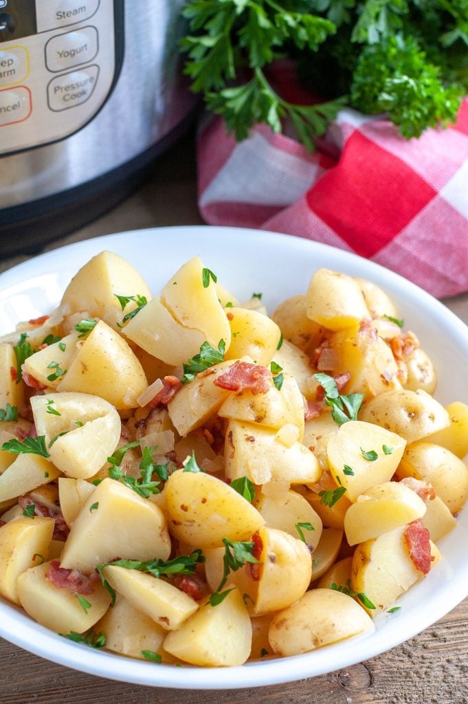 German Potato Salad in bowl with Instant Pot