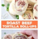 Roast beef wrapped in tortilla on a plate.