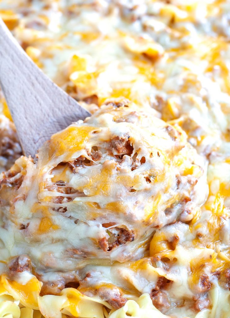 Cheesy Beef and Noodle Casserole with Spoon