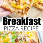Hand holding a piece of breakfast pizza.