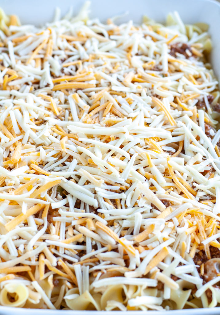 Layer of noodles, beef, cottage cheese and cheese