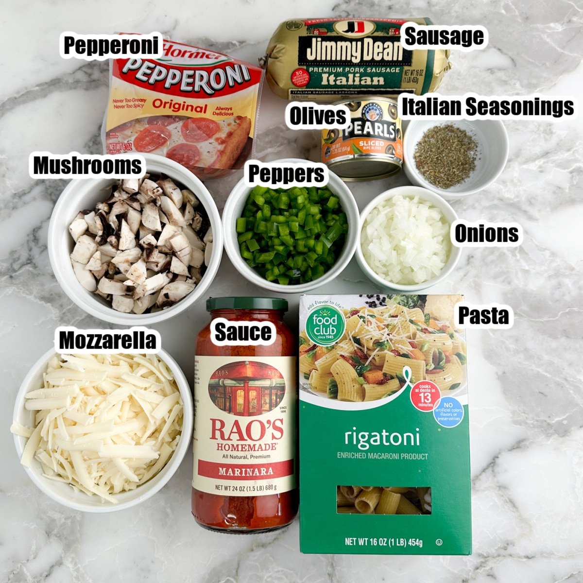 Pepperoni, pasta, sauce, sausage, peppers, mushrooms, cheese, and onions, 