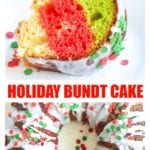 Red white and green bundt cake on plate.