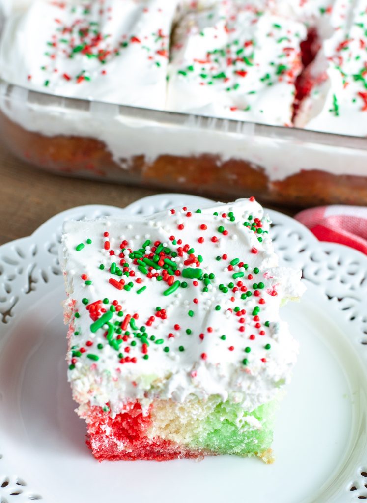 Holiday Jello Cake on a plate.