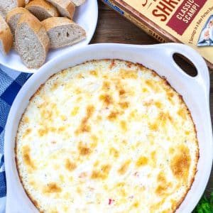 Baking dish with shrimp dip.