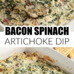 Spinach artichoke dip in a baking dish.