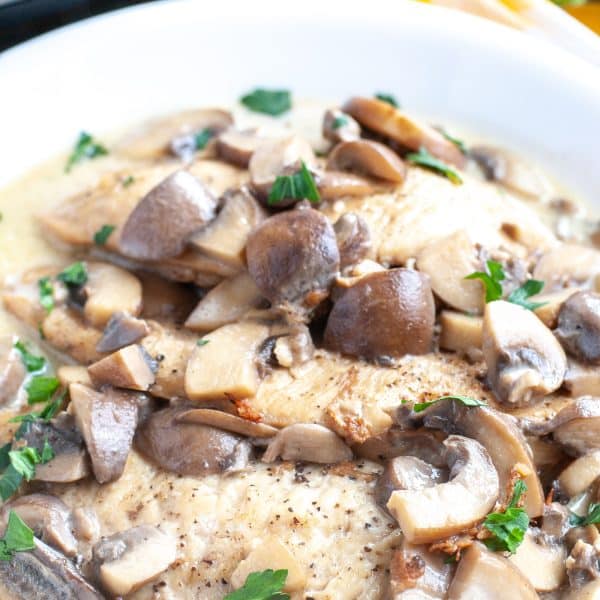 Chicken marsala on plate.