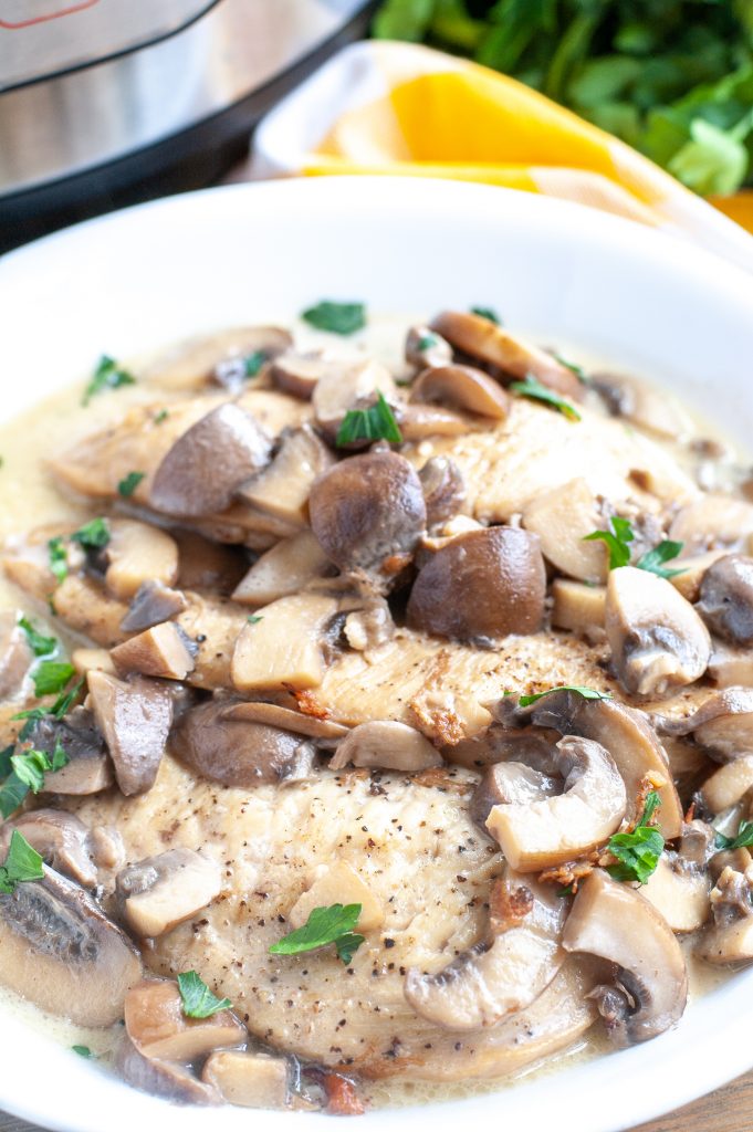 Instant Pot Chicken Marsala in a dish. 