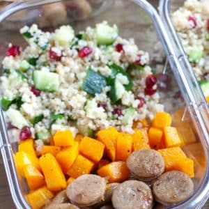 Container with sausage, butternut squash and quinoa salad.