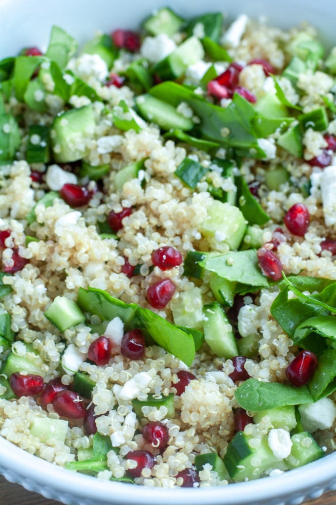 Quinoa Salad with cucumber, spinach, pomegranate