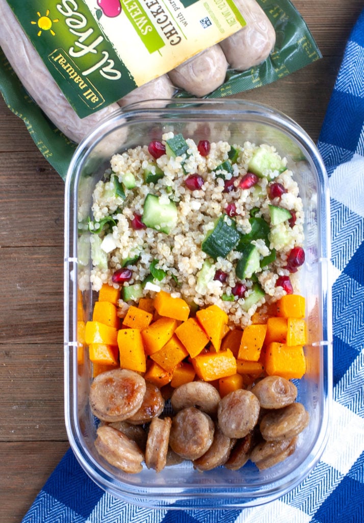 Chicken Sausage, roasted squash, quinoa salad