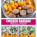 Container with sausage, squash and quinoa.