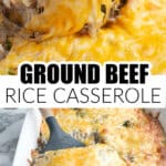 Spatula lifting up ground beef and rice casserole.