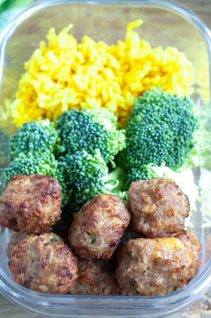 Turkey meatballs, broccoli, yellow rice meal prep