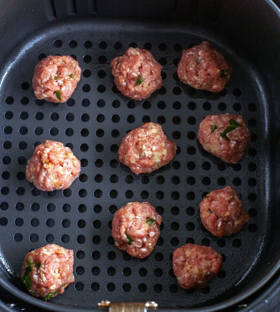 Turkey meatballs in air fryer basket