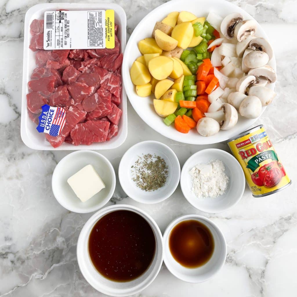 Stew beef, potatoes, mushrooms, butter, broth, and flour. 