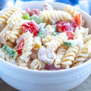 Bowl with chicken pasta salad.