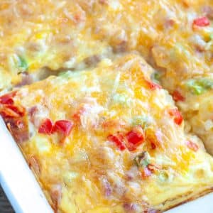 Baking dish with breakfast casserole.