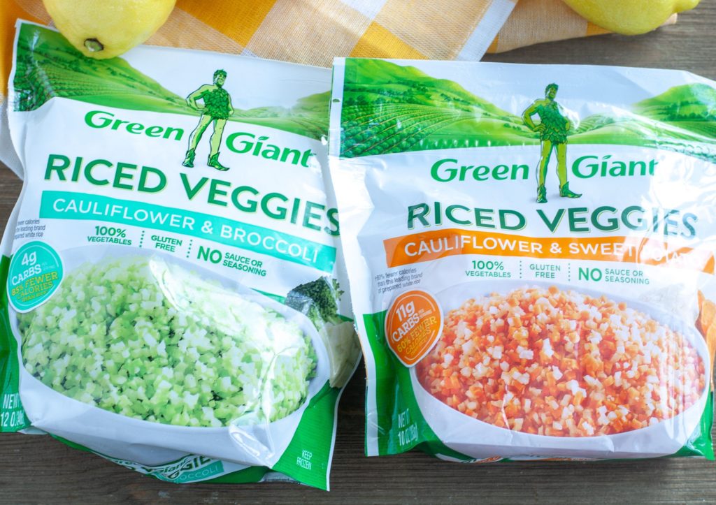 a bag of Green Giant Riced Cauliflower and Broccoli and a bag of Green giant riced sweet potatoes