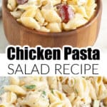 Bowl of chicken pasta salad with sliced grapes.