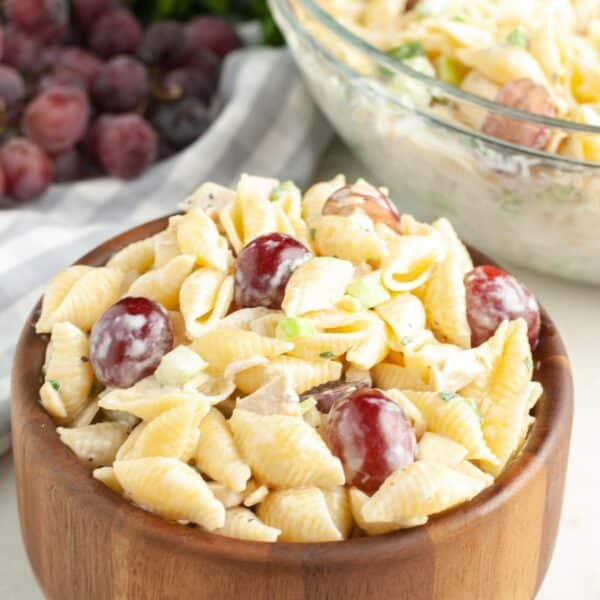 Bowl of chicken pasta salad with grapes.
