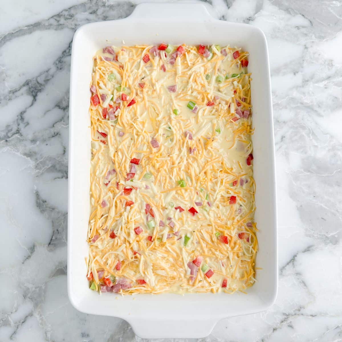 Breakfast casserole in a baking dish.