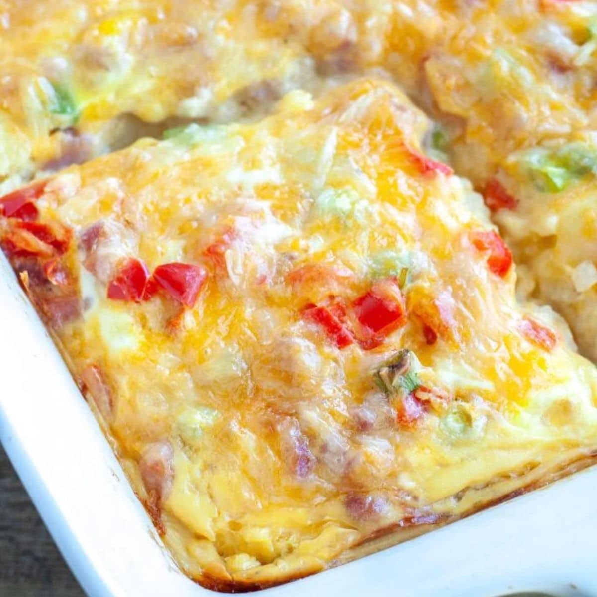 Farmers Casserole Baking dish with farmers casserole.