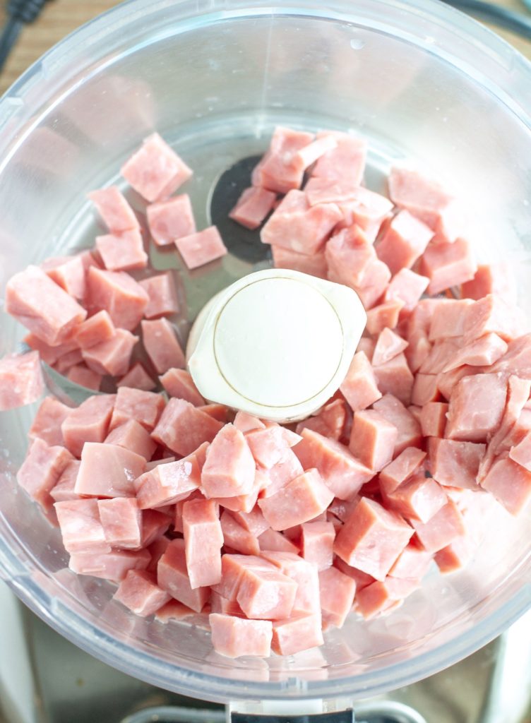 Diced ham in a food processor