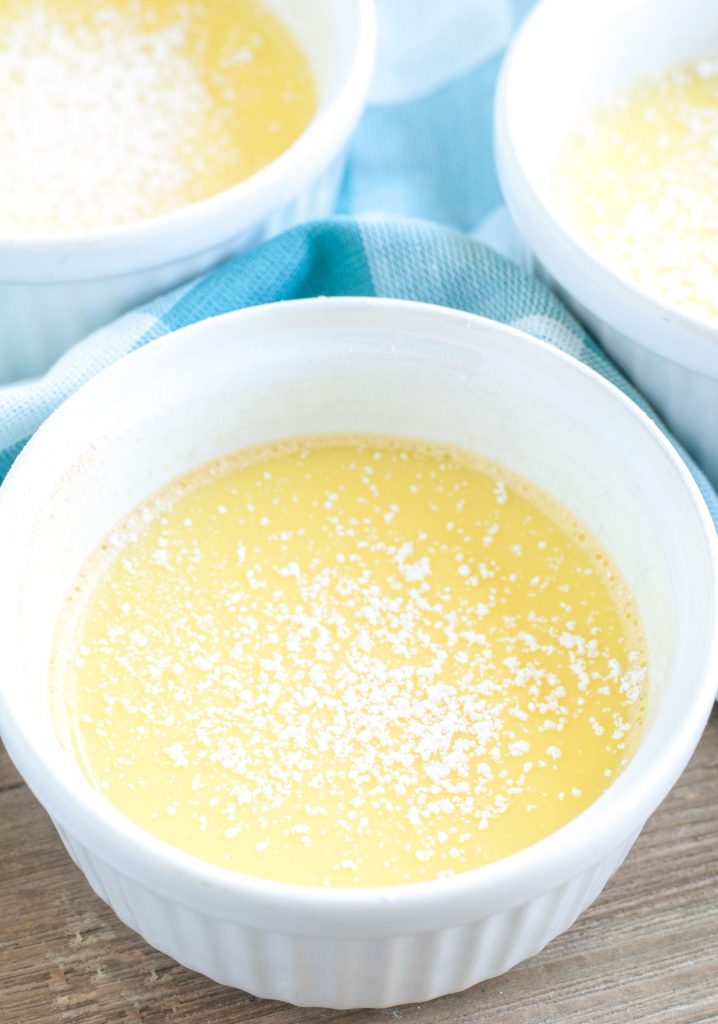 Egg Custard in a white ramekin with blue napkin