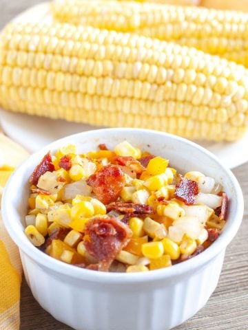 Bowl with corn and bacon.