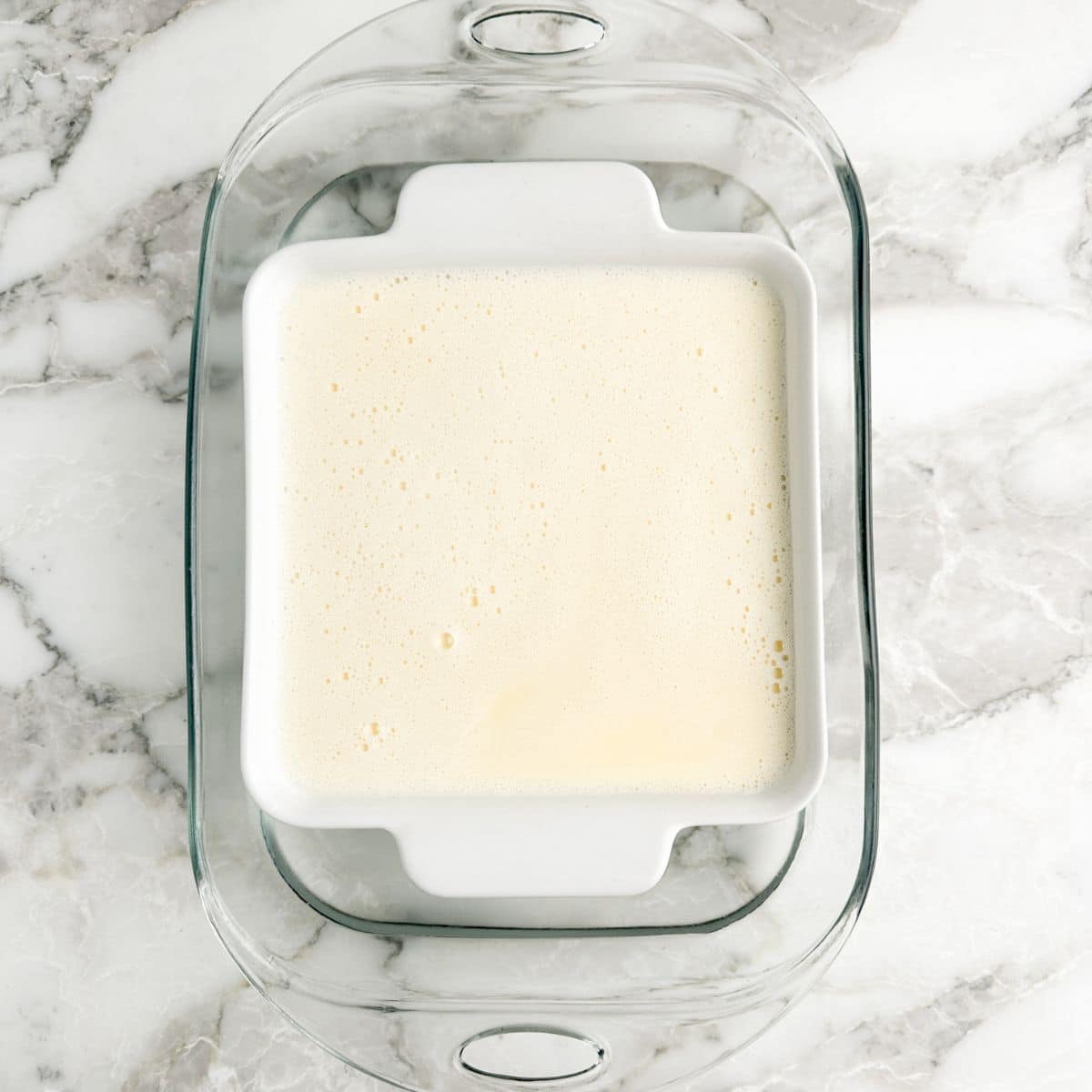 Baking dish with egg custard.