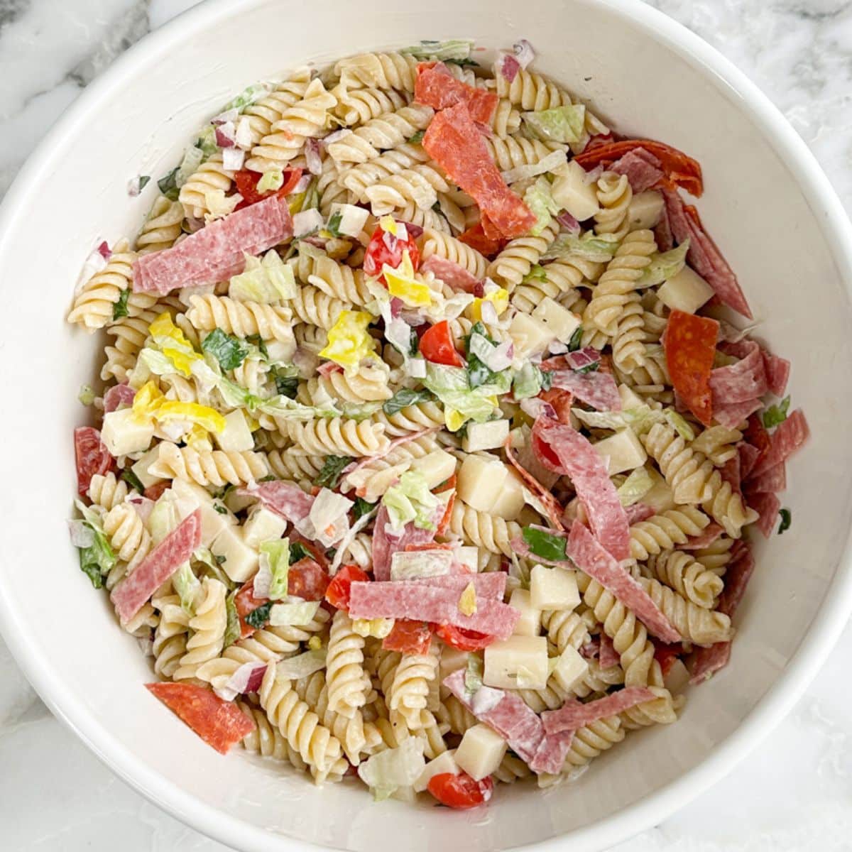 Bowl with Italian pasta salad. 