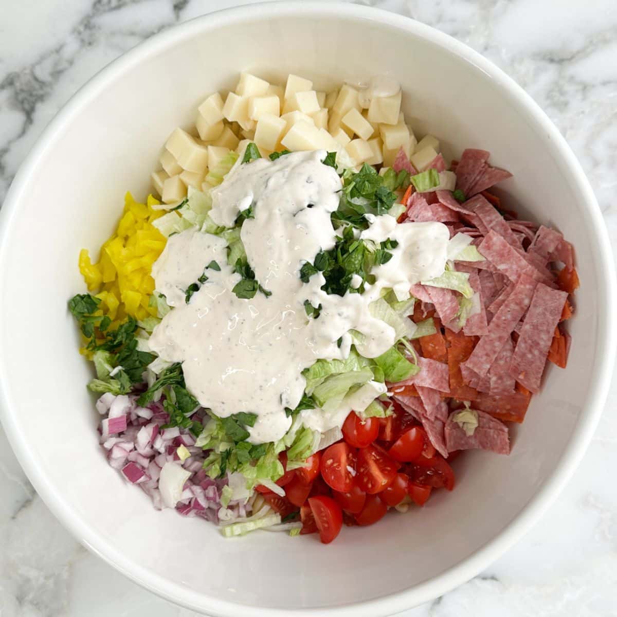 Bowl with pasta, deli meat, cheese, and dressing. 